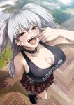  1girl bare_shoulders belt belt_collar black_boots black_tank_top body_markings boots breasts chain cleavage collar commentary_request ear_piercing facial_mark finger_in_own_mouth hair_between_eyes highres huge_breasts long_hair looking_at_viewer looking_up open_mouth outdoors piercing pleated_skirt print_shirt red_eyes ryouma_(galley) sakigake_no_hanamiko sharp_teeth shirt skirt solo spike_piercing studded_belt tank_top teeth thighs tongue two_side_up white_hair 