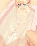  barefoot bath bathing bathtub between_legs blonde_hair blue_eyes blush breasts convenient_censoring esia_mariveninne from_above hand_between_legs komone_ushio long_hair looking_up navel nude original partially_submerged ponytail pov sitting small_breasts solo_focus v_arms water wet 
