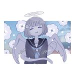  angel closed_eyes commentary_request facing_viewer flower ghost halo highres omochi_noa original outside_border school_uniform serafuku signature smile traditional_halo upper_body wings 