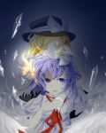  2girls bai_he black_hat blonde_hair blue_eyes blue_hair bow casting_spell closed_eyes commentary_request dress feathered_wings fire frills hair_bow hair_ribbon hat hat_bow highres holding holding_ice ice_crystal long_hair mai_(touhou) multiple_girls open_mouth puffy_short_sleeves puffy_sleeves red_ribbon ribbon shirt short_hair short_sleeves skirt sleeping smile touhou touhou_(pc-98) white_bow white_dress white_shirt white_wings wings yuki_(touhou) 