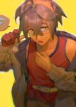  ahoge blush check_commentary collarbone commentary commentary_request crossed_bangs flying_sweatdrops gloves hair_between_eyes hairband hand_in_own_hair hand_up highres jacket kieran_(pokemon) looking_to_the_side male_focus mole mole_on_neck ob3nky0 open_mouth partially_fingerless_gloves playing_with_hair playing_with_own_hair pokemon pokemon_sv red_gloves red_tank_top short_hair single_glove solo spoken_flying_sweatdrops tank_top upper_body white_jacket yellow_background yellow_eyes yellow_hairband 