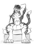  3:4 animal_genitalia anthro balls big_balls big_sheath eyes_closed fangs felid front_view genitals hair hi_res huge_balls huge_sheath male male_anthro mammal markings monochrome muscular muscular_anthro muscular_male nude open_mouth pantherine sheath short_hair signature simple_background sitting sketch solaxe_(artist) solo spread_legs spreading striped_arms striped_legs striped_markings striped_tail stripes tail tail_markings teeth tiger 