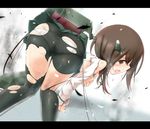  absurdres all_fours asahi_(ge_nyu) ass bike_shorts black_legwear brown_eyes brown_hair covering covering_chest from_behind headgear highres kantai_collection letterboxed open_mouth panties short_hair skirt solo taihou_(kantai_collection) tears thighhighs torn_bike_shorts torn_clothes torn_legwear underwear white_panties 