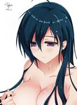  2014 blue_hair blush breast_poke breasts cleavage dyxm large_breasts long_hair nude poking purple_eyes signature solo 