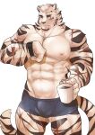  1boy abs animal_ears arknights bara boxers closed_mouth commentary cross_scar cup english_commentary furry furry_male grey_male_underwear highres holding holding_cup looking_at_watch male_focus male_underwear mountain_(arknights) mug muscular muscular_male navel nipples pectorals r_riku2424 scar scar_across_eye scar_on_arm scar_on_cheek scar_on_face scar_on_leg tail tiger_boy tiger_ears tiger_stripes tiger_tail topless_male underwear watch white_background wristwatch 