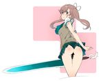  ass bad_id bad_twitter_id blush brown_hair clenched_teeth cropped_legs from_behind green_eyes mk_(masatusaboten) nanase_(under_night_in-birth) skirt solo sweater_vest sword tears teeth thigh_gap twintails under_night_in-birth weapon 