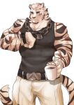  1boy animal_ears arknights bara black_shirt black_tank_top chain chain_necklace closed_mouth commentary cross_scar cup dog_tags english_commentary furry furry_male highres holding holding_cup jewelry looking_at_watch male_focus mountain_(arknights) mug muscular muscular_male necklace pants r_riku2424 scar scar_across_eye scar_on_arm scar_on_cheek scar_on_face shirt sleeveless sleeveless_shirt tail tank_top tiger_boy tiger_ears tiger_stripes tiger_tail watch white_background white_pants wristwatch 