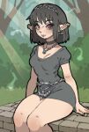  1girl balcony black_choker black_dress black_lips body_freckles breasts bush chain chain_necklace choker cleavage dress ear_piercing earrings elf freckles grey_eyes hairband jewelry medium_breasts microdress necklace original pantsu-ripper piercing pointy_ears red_eyes sitting smile solo tree 