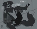 2025 5_fingers ambiguous_gender anthro aroused arvenzo athletic black_body black_bottomwear black_clothing black_fur black_nose black_shorts bodily_fluids border_collie bottomwear bulge butt canid canine canis chest_tuft claws clothed clothing collie dialogue digital_media_(artwork) domestic_dog english_text feet femboy fingers fishnet_clothing fluffy fradef_fang fur gesture grin herding_dog hi_res locker_room looking_at_another looking_at_viewer male mammal markings monochrome multicolored_body multicolored_fur open_mouth pastoral_dog pawpads paws presenting presenting_hindquarters raised_foot raised_leg shaded sheepdog shorts sitting skinny smile solo solo_focus speech_bubble spread_legs spreading submissive submissive_male suggestive suggestive_gesture sweat sweaty_neck tail tail_markings teasing teasing_viewer teasing_with_butt teeth text toe_claws topless topless_male tuft two_tone_body two_tone_fur white_body white_fur