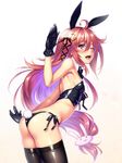  ;d ahoge animal_ears bikini black_gloves black_legwear blush breasts bunny_ears bunny_hair_ornament bunny_tail bunnysuit crescent crescent_hair_ornament detached_collar gloves h_kasei hair_ornament hair_ribbon highres kantai_collection long_hair looking_at_viewer midriff one_eye_closed open_mouth red_eyes red_hair ribbon side-tie_bikini small_breasts smile solo swimsuit tail thighhighs uzuki_(kantai_collection) very_long_hair 
