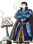  ... 1boy absurdres armor bird blue_eyes blue_hair cape circlet closed_mouth commentary_request crossed_arms feh_(fire_emblem_heroes) fire_emblem fire_emblem:_the_blazing_blade fire_emblem_heroes hector_(fire_emblem) hector_(sworn_friend)_(fire_emblem) highres letter male_focus official_alternate_costume owl short_hair showk555dx speech_bubble spoken_ellipsis 