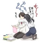  1girl aldnoah.zero black_hair brother_and_sister brown_eyes commentary_request flying_sweatdrops formal kaizuka_inaho kaizuka_yuki laundry n-minato necktie no_shoes pantyhose pencil_skirt school_uniform seiza siblings sitting skirt skirt_suit suit sweater 
