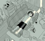  1boy absurdres avogado6 commentary_request couch crack_of_light curtains electric_fan floor greyscale hatching_(texture) highres holding indoors insomnia linear_hatching lying male_focus manga_(object) monochrome morning on_back on_couch original pillow rug shelf shirt short_hair shorts slippers socks solo t-shirt unworn_socks vacuum_cleaner wavy_eyes wide-eyed 