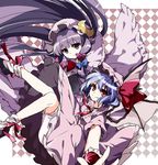  argyle argyle_background bat_wings bloomers blue_hair book capelet crescent dress hair_ribbon hat hat_ribbon highres katayama_kei long_hair mob_cap multiple_girls patchouli_knowledge pink_dress pink_eyes purple_dress purple_hair remilia_scarlet ribbon touhou tress_ribbon underwear upskirt very_long_hair wings wrist_cuffs 