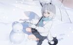  1girl ahoge animal_ear_fluff animal_ear_piercing animal_ears aqua_eyes aqua_scarf braid braided_sidelock coat double-parted_bangs fox_ears fox_girl fox_tail gloves hashtag-only_commentary hololive kagemoe1003 open_mouth outdoors pleated_skirt scarf shirakami_fubuki skirt smile snow snowing snowman solo squatting tail transparent transparent_umbrella umbrella virtual_youtuber white_coat white_gloves white_hair 
