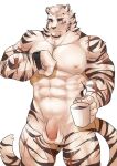  1boy abs animal_ears arknights bara closed_mouth commentary cross_scar cup english_commentary flaccid furry furry_male highres holding holding_cup looking_at_watch male_focus mountain_(arknights) mug muscular muscular_male navel nipples nude pectorals penis r_riku2424 scar scar_across_eye scar_on_arm scar_on_cheek scar_on_face scar_on_leg tail testicles tiger_boy tiger_ears tiger_stripes tiger_tail watch white_background wristwatch 