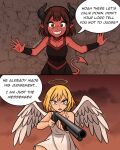  2girls angel angel_and_devil angel_wings angel_with_a_shotgun breasts brick_wall colored_skin commentary demon_girl demon_horns demon_tail english_commentary feathered_wings halo highres horns large_breasts looking_at_viewer multiple_girls open_mouth oranyaa original pointy_ears red_skin short_hair smile tail white_wings wings 