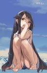  barefoot black_hair blue_panties blue_sky brown_eyes covering_mouth dated day dress feet hair_flaps hand_to_own_mouth knees_to_chest long_hair original panties sailor_collar sailor_dress sidelocks sitting sky solo toro_(konirio) underwear very_long_hair white_dress 