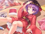  bowl highres japanese_clothes kimono lzh minigirl one_eye_closed purple_eyes purple_hair short_hair solo sukuna_shinmyoumaru touhou 