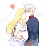  1girl aki_(neyuki41028) aldnoah.zero aqua_eyes arms_behind_back asseylum_vers_allusia bad_id bad_pixiv_id bare_shoulders blonde_hair blush hair_down heart hetero kiss long_hair midriff navel silver_hair slaine_troyard smile uniform 