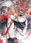  bad_id bad_pixiv_id blonde_hair child dagger dio_brando enope flower highres jojo_no_kimyou_na_bouken male_focus necktie red_eyes rose skeleton solo stone_mask_(jojo) suspenders weapon 