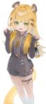  1girl animal_ear_fluff animal_ears black_shorts blush colored_inner_hair cowboy_shot green_eyes grey_shirt hands_up high-waist_shorts highres jacket ju_fufu medallion multicolored_hair open_mouth orange_fur shirt shorts skindentation socks solo striped_fur striped_hair tail theflatfacadeds thigh_strap tiger_ears tiger_girl tiger_stripes tiger_tail white_socks yellow_jacket zenless_zone_zero 