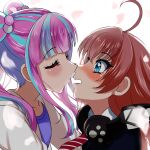  2girls ahoge bang_dream! blue_eyes blue_hair blush closed_eyes commentary headphones headphones_around_neck highres imminent_kiss long_hair mito_youki multicolored_hair multiple_girls nyubara_reona open_mouth pink_hair red_hair tamade_chiyu twintails two-tone_hair yuri 