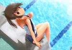  asahi_(ge_nyu) brown_eyes brown_hair from_above from_behind highres i-401_(kantai_collection) kantai_collection looking_at_viewer ponytail pool sailor_collar school_swimsuit short_hair short_ponytail sitting smile soaking_feet solo swimsuit swimsuit_under_clothes tan water wet 