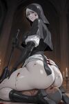  1boy 1girl black_gloves blood blood_on_face boots bottomless candle commentary_request elbow_gloves elden_ring elden_ring_nightreign gloves highres holding holding_mace holding_weapon ishigaki_takashi looking_at_viewer looking_down mace nun red_eyes sitting_on_face undertaker_(elden_ring) weapon 