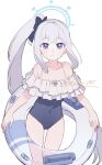  1girl blue_archive blue_bow blue_eyes blue_halo blue_one-piece_swimsuit bow casual_one-piece_swimsuit closed_mouth collarbone commentary cowboy_shot frilled_one-piece_swimsuit frills hair_bow halo highres holding holding_swim_ring innertube long_hair looking_at_viewer miyako_(blue_archive) miyako_(swimsuit)_(blue_archive) off-shoulder_one-piece_swimsuit off_shoulder official_alternate_costume one-piece_swimsuit shisui_(5830217) side_ponytail sidelocks simple_background smile solo swim_ring swimsuit twitter_username very_long_hair white_background white_hair 