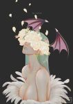  1girl absurdres bare_shoulders black_background breasts cleavage commentary_request covered_eyes darkstalkers feather_trim feathers flower green_hair head_wings highres kumanz large_breasts long_hair morrigan_aensland off_shoulder petals simple_background solo upper_body white_flower wings 