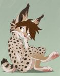  aseethe big_ears brown_hair cheek_tuft closed_smile ear_tuft facial_tuft felid feline female flat_colors fur green_background hair hand_on_cheek hi_res inner_ear_fluff looking_at_viewer lynx mammal markings mouth_closed multicolored_body nude on_ground one_leg_up pawpads pink_pawpads raised_leg short_hair short_tail side_view simple_background sitting smile solo spots spotted_body spotted_fur tail tan_body tuft two_tone_body yellow_eyes zaire_(nightdancer) 