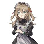  1girl ahoge ame0 apron badge black_dress blue_eyes brown_hair button_badge dress frilled_apron frills from_side hair_between_eyes hair_ribbon hashtag-only_commentary heart heart_necklace highres jewelry maid maid_apron maid_headdress necklace neuro-sama open_mouth ribbon simple_background solo two_side_up upper_body vedal_ai virtual_youtuber white_apron white_background white_headdress 