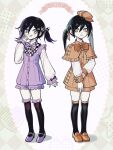  2girls aged_down alternate_costume alternate_hairstyle banner black_hair black_thighhighs blush bow bowtie brown_bow brown_bowtie brown_capelet brown_coat capelet checkered_bow checkered_bowtie checkered_clothes coat commentary_request danganronpa_(series) danganronpa_v3:_killing_harmony deerstalker detective ewa_(seraphhuiyu) frilled_shirt frills full_body genderswap genderswap_(mtf) hair_bow hand_on_own_face hat heart highres jirai_kei licking_lips long_hair long_sleeves looking_at_viewer mary_janes multiple_girls oma_kokichi plaid_hat puffy_long_sleeves puffy_sleeves ribbon saihara_shuichi shirt shoes simple_background skirt smile standing star_(symbol) thighhighs tongue tongue_out twintails yellow_eyes 