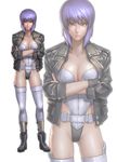 breasts fingerless_gloves ghost_in_the_shell ghost_in_the_shell_stand_alone_complex gloves ikegami_noroshi jacket kusanagi_motoko large_breasts leotard md5_mismatch purple_hair red_eyes short_hair thighhighs 