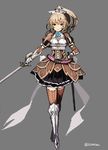 alternate_costume alternate_weapon armor armored_boots belt blonde_hair blue_eyes boots crossed_legs fantasy flower full_body grey_background holding holding_sword holding_weapon kantai_collection kumano_(kantai_collection) light_brown_hair looking_at_viewer ponytail simple_background smile solo standing sumisu_(mondo) sword tan thighhighs twitter_username watson_cross weapon 
