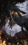  absurdres claws dragon dragon_wings fire glowing glowing_eyes gogmazios highres horns monster monster_focus monster_hunter_(series) monster_hunter_wilds namami_(namami0115) no_humans open_mouth orange_eyes sharp_teeth spikes teeth wings 