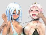  bakkanki bikini blue_eyes blue_hair blue_oni blush breast_press breasts chain cleavage collar crying crying_with_eyes_open dark_skin fangs finger_in_another's_mouth horn horns huge_breasts linked_collar long_hair multiple_girls oni original pink_hair pointy_ears red_eyes red_oni short_hair sideboob slave swimsuit symmetrical_docking tears wrist_grab 
