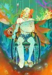  arm_sling bandage_over_one_eye bandaged_arm bandages blonde_hair blue_eyes fish highres intravenous_drip johnny_joestar jojo_no_kimyou_na_bouken leg_cast male_focus skyfiss solo steel_ball_run wheelchair 