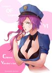  aqua_eyes bra breast_lift breasts crop_top hat heart highres large_breasts league_of_legends looking_at_viewer officer_vi open_mouth pink_hair police police_uniform policewoman saramande solo underwear uniform vi_(league_of_legends) 