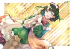  1girl :d border bow bowtie commentary cowboy_shot dress dutch_angle frilled_dress frills gonzales_(love_live!) green_dress green_eyes green_hair highres holy_night_tale_(love_live!) interlocked_fingers light_particles link!_like!_love_live! long_sleeves looking_at_viewer love_live! momose_ginko official_alternate_costume open_mouth outside_border red_bow red_bowtie sakari_(pear_8_ll) short_dress short_hair smile solo symbol-only_commentary tsuru_(love_live!) virtual_youtuber white_border yellow_background 