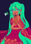  1girl absurdres alternate_skin_color aqua_eyes aqua_hair aqua_nails commentary dark_skin dress earrings embroidered_dress english_commentary gold_earrings gold_embroidery gold_necklace green_eyes green_hair green_nails hair_ornament hatsune_miku henna highres jewelry long_eyelashes long_hair manasbananas midriff_peek necklace number_tattoo pakistani_clothes pakistani_flag red_dress simple_background smile tattoo twintails very_long_hair vocaloid 