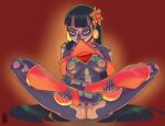  1girl barefoot black_hair blunt_bangs bodypaint bottomless breasts chel_(el_dorado) choker clitoral_hood clothes_lift commentary detached_leggings detached_sleeves dia_de_muertos earrings english_commentary facepaint feet_up female_pubic_hair flower full_body gold_choker gold_earrings hair_flower hair_ornament highres jewelry kumbhker lips long_hair looking_at_viewer medium_breasts mexico mouth_hold nipples orange_eyes orange_socks orange_tube_top photoshop_(medium) pubic_hair pubic_stubble pussy raised_eyebrow sitting skeleton_costume socks solo spread_legs straight_hair strapless the_road_to_el_dorado toes tube_top tube_top_lift uncensored wide_spread_legs 