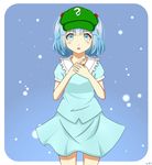  absurdres artist_name bare_legs blue_eyes blue_hair blush cabbie_hat dress frilled_shirt_collar frills hair_bobbles hair_ornament hands_clasped hands_on_own_chest hands_together hat heart highres kawashiro_nitori looking_at_viewer own_hands_together puffy_short_sleeves puffy_sleeves short_hair short_sleeves short_twintails skirt skirt_set snow solo standing touhou twintails two_side_up 