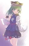  1girl arm_bow asymmetrical_clothes black_skirt blue_skirt commentary_request epaulettes feet_out_of_frame frilled_hat frills green_eyes hand_up hat holding holding_rod long_sleeves looking_to_the_side medium_hair one-hour_drawing_challenge rangycrow red_ribbon ribbon ribbon-trimmed_skirt ribbon_trim rod rod_of_remorse shiki_eiki sideways_glance skirt solo touhou turning_head white_ribbon 