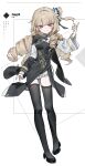  1girl absurdres arm_at_side arm_up asymmetrical_clothes black_dress black_shoes black_thighhighs blonde_hair blunt_bangs blush breasts butterfly_hair_ornament china_dress chinese_clothes commentary commission detached_sleeves dress drill_hair evil_grin evil_smile eyelashes full_body grin hair_intakes hair_ornament highres huu_(dighapdlxm12) long_hair multiple_drills original parted_lips red_eyes shoes side_ponytail small_breasts smile smirk solo standing thick_eyelashes thighhighs thighs white_dress zettai_ryouiki 
