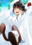 1girl ;d arms_up black_hair blue_sky blush brown_footwear brown_pants coat day fur-trimmed_boots fur-trimmed_coat fur-trimmed_sleeves fur_trim gloves hair_ornament hairclip kawaoka_(tsuchinokome) kurosawa_dia long_hair long_sleeves love_live! love_live!_sunshine!! mole one_eye_closed open_mouth outdoors pants red_gloves sky smile snow solo striped tree upper_teeth vertical-striped_pants vertical_stripes white_coat 
