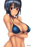  alternate_costume artist_name bad_id bad_nicoseiga_id black_hair blush breast_hold breasts covered_nipples dated front-tie_top highres kantai_collection large_breasts looking_at_viewer navel red_eyes short_hair solo sweat swimsuit takao_(kantai_collection) tan tanline tomato_basil_(kawauso) upper_body white_background 