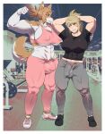 abs absurd_res anthro balls balls_outline big_breasts big_penis black_nose bottomwear breasts bulge canid canine canis clothed clothing detailed_background detailed_bulge domestic_dog duo erection facial_scar fingers fluffy fluffy_tail footwear fur genital_outline genitals gym gynomorph hair hi_res huge_breasts human inside intersex jina_choi kissxmaker mammal muscular muscular_anthro muscular_human muscular_intersex pants penis penis_outline pubes raised_arm scar shirt shoes smile snout standing tail thick_thighs tight_clothing topwear wide_hips