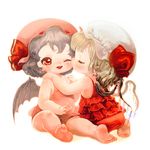  baby barefoot bat_wings blonde_hair cheek_kiss closed_eyes feet flandre_scarlet hat kiss kneeling lavender_hair mob_cap multiple_girls one-piece_swimsuit one_eye_closed open_mouth red_eyes remilia_scarlet siblings side_ponytail sisters sitting soles souri swimsuit toes touhou wings younger 